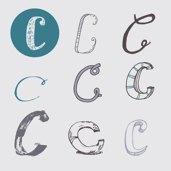 Lettres originales C ensemble, isolé sur fond gris clair. Symboles alphabétiques, modifiables, dessinés à la main, créatifs, dans différentes variations, Italiques, 3d, à main levée, dessinés avec pinceau et vecteur de pointe Illustration — Image vectorielle