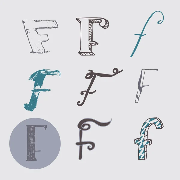 Оригинальные буквы F, выделенные на светло-сером фоне. Алфавитные синонимы, съедобные, нарисованные вручную, творческие, в различных вариациях, курсивные, 3d, freehand, нарисованные кистью и перьями. — стоковый вектор