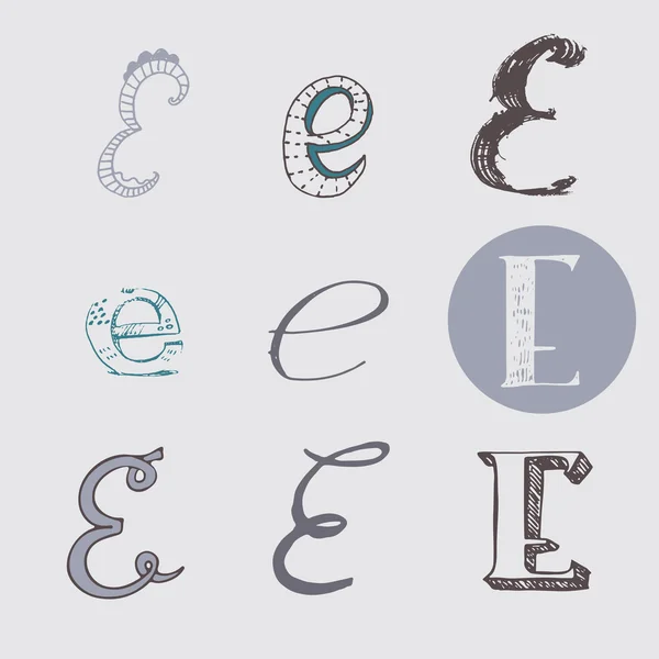 Original letters E set, isolated on light gray background. Alphabet symbols, editable, hand drawn, creative, in different variations, Italic, 3d, freehand, drawn with brush and nib vector Illustration — Stock Vector