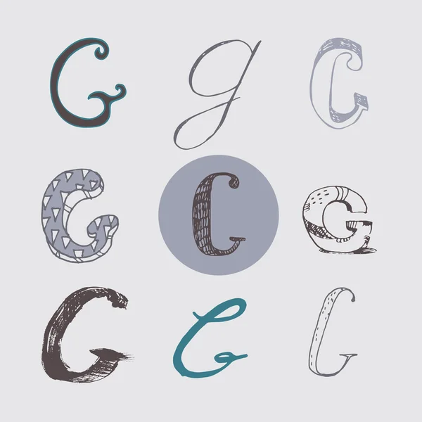 Original letters G set, isolated on light gray background. Alphabet symbols, editable, hand drawn, creative, in different variations, Italic, 3d, freehand, drawn with brush and nib vector Illustration — Stockvector