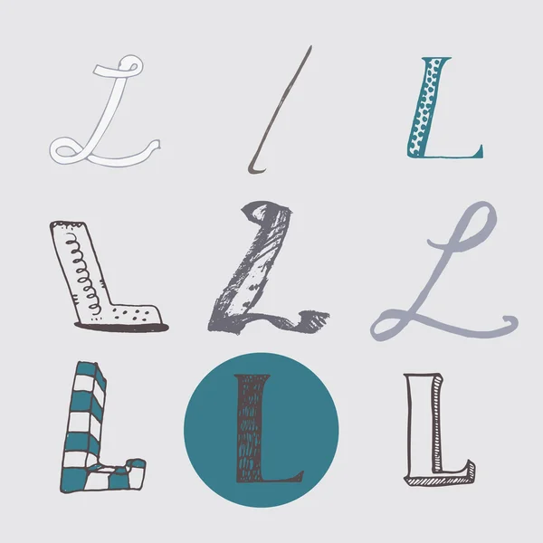 Set de letras L originales, aisladas sobre fondo gris claro. Símbolos del alfabeto, editables, dibujados a mano, creativos, en diferentes variaciones, itálicos, 3d, a mano alzada, dibujados con pincel y plumín vector Ilustración — Archivo Imágenes Vectoriales