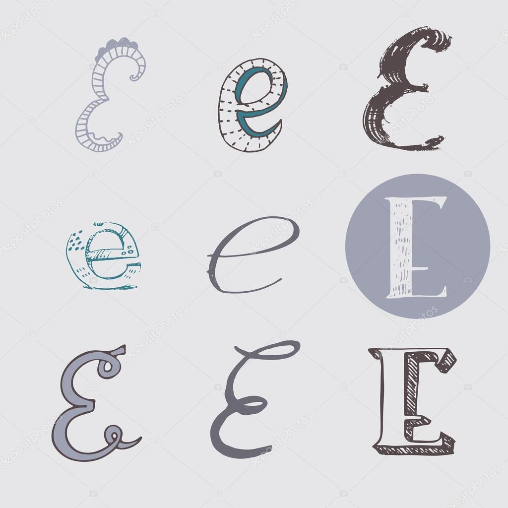 Original letters E set, isolated on light gray background. Alphabet symbols, editable, hand drawn, creative, in different variations, Italic, 3d, freehand, drawn with brush and nib vector Illustration
