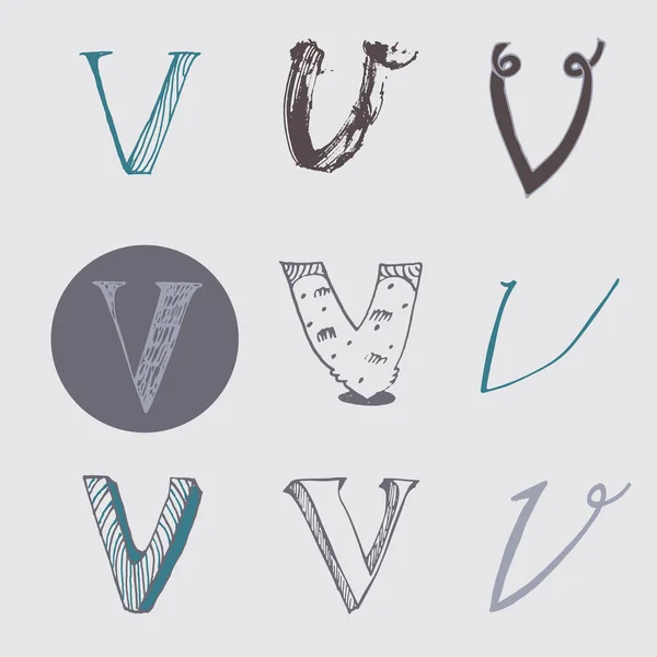 Original letters V set, isolated on light gray background. Alphabet symbols, editable, hand drawn, creative, in different variations, Italic, 3d, freehand, drawn with brush and nib vector Illustration — Stock Vector