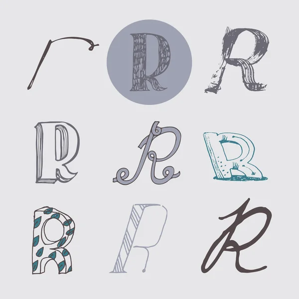Оригінальні літери R Set, ізольовані на світло-сірий фон. Символи алфавіту, редаговані, ручні, творчі, в різних варіаціях, курсив, 3D, від руки, намальований пензлем і векторною ілюстрацією перо — стоковий вектор