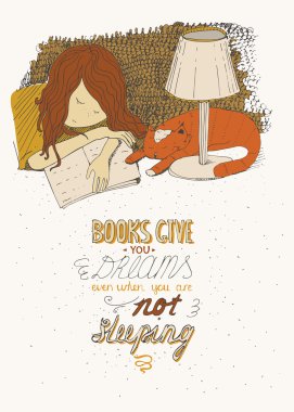 Girl and cat sleeping on book. Vector hand drawn colorful large illustration, made with ink, on beige background, with simple motivating educational lettering quote, perfect for a bookstore, library