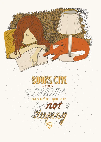 Девочка и кошка спят по книге. Векторная рукописная красочная большая иллюстрация, выполненная чернилами, на бежевом фоне, с простой мотивирующей образовательной цитатой, идеально подходит для книжного магазина, библиотеки — стоковый вектор