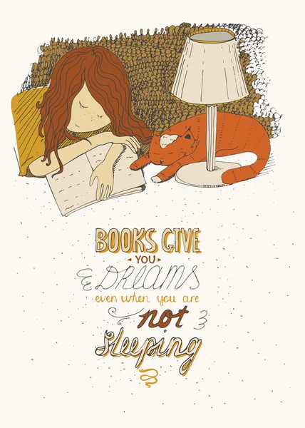 Chica y gato durmiendo en el libro. Vector dibujado a mano colorido gran ilustración, hecho con tinta, sobre fondo beige, con simple cita de letras educativas motivadoras, perfecto para una librería, biblioteca — Vector de stock