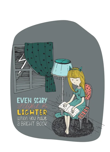 Girl reading book in stormy night. Vector hand drawn illustration made with ink and white paper. Colorful isolated on white image with simple motivating lettering quote, perfect for bookstore, library — Stock vektor