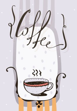 Vertical vector illustration with hand drawn lettering with word Coffee, dots and hot drink in a cute cup. Light purple background. Letters drawn in script style with decorative swirls and decoration