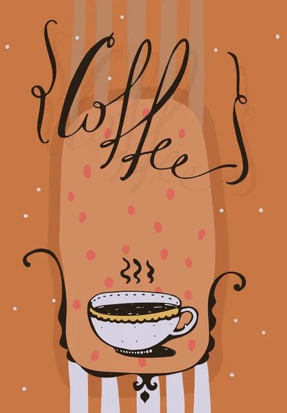 Ilustración vectorial vertical con letras dibujadas a mano con la palabra Café, puntos y bebida caliente en una taza linda. Fondo de color naranja. Cartas dibujadas en estilo guion con remolinos decorativos y decorati — Archivo Imágenes Vectoriales