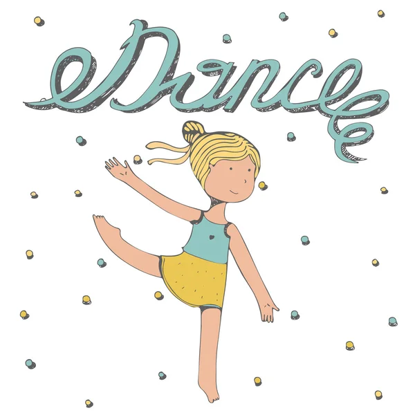 Hand drawn lettering with word Dance with little girl dancing. Vector illustration, colorful, kind, with happy kids face and graceful pas with her hands and legs, Isolated on white dotted background — Stock Vector