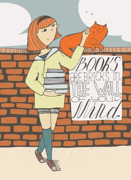 Ragazza con libri accarezzare un gatto sul muro di mattoni. Letteratura con citazione educativa su un cartello. I libri sono mattoni nel muro della tua mente. Illustrazione vettoriale colorata disegnata a mano con cielo e nuvole — Vettoriale Stock