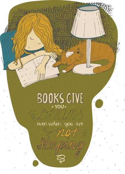 Fille et chat dormant sur le livre. Vecteur dessin à la main coloré grande illustration, faite avec de l'encre, Isolé sur blanc, avec simple motivation citation de lettrage éducatif, parfait pour une librairie, bibliothèque — Image vectorielle