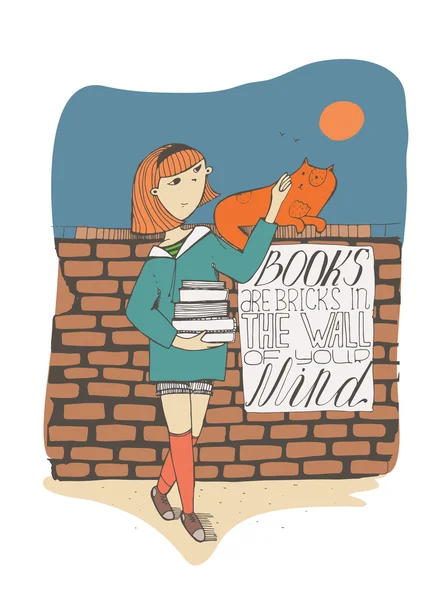Dívka s knihami, kočka na cihlové stěně. Na cedce je nápis s edukativními Citáty. Knihy jsou cihly ve zdi tvé mysli. Barevná kreslené vektorové ilustrace, izolované na bílém pozadí — Stockový vektor
