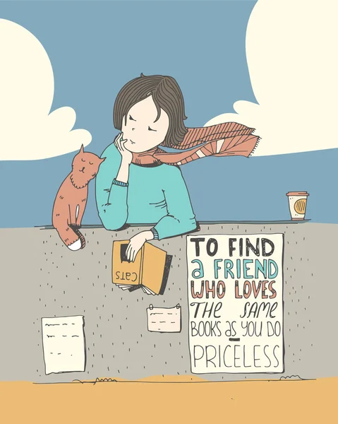 Girl and cat reading book. Vector color illustration, made with liquid ink and white paper. Isolated on white, with simple motivating educational lettering quote, perfect for bookstore or library.