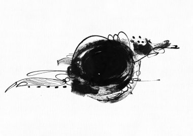 Large grainy abstract illustration with black ink circle, hand drawn with brush and liquid ink on watercolor paper. Drawn with imperfections, spray, splashes, ink drops and lines. Isolated on white ba clipart