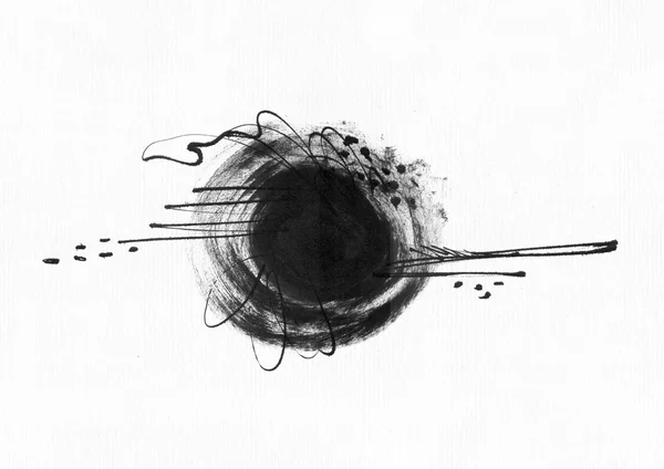 Large grainy abstract illustration with black ink circle, hand drawn with brush and liquid ink on watercolor paper. Drawn with imperfections, spray, splashes, ink drops and lines. Isolated on white ba — Stock Photo, Image
