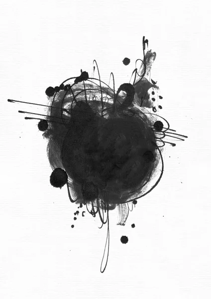 Large grainy abstract illustration with black ink circle, hand drawn with brush and liquid ink on watercolor paper. Drawn with imperfections, spray, splashes, ink drops and lines. Isolated on white ba — Stock Photo, Image