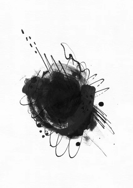 Grande ilustração abstrata granulada com círculo de tinta preta, desenhada à mão com escova e tinta líquida sobre papel aquarela. Desenhado com imperfeições, spray, salpicos, gotas de tinta e linhas. Isolado em branco ba — Fotografia de Stock
