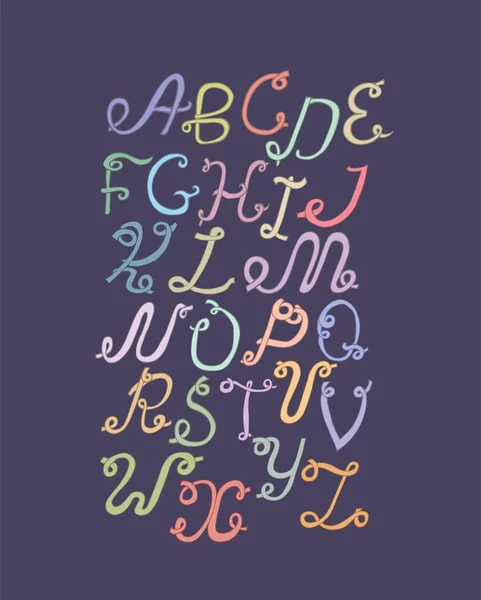 Hand getekende ABC funky letters, geïsoleerd op lichte achtergrond. Hand getekende kleurrijke alfabet, vector illustratie. Lettertype op basis van Swirl, loops en kalligrafie stijl. Uniek ontwerp voor uw print, belettering — Stockvector