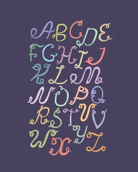 Handgezeichnete abc funky Lettern, isoliert auf hellem Hintergrund. handgezeichnetes buntes Alphabet, Vektorillustration. Schrift basiert auf Wirbel, Schleifen und Kalligraphie-Stil. einzigartiges Design für Ihren Druck, Schriftzug — Stockvektor