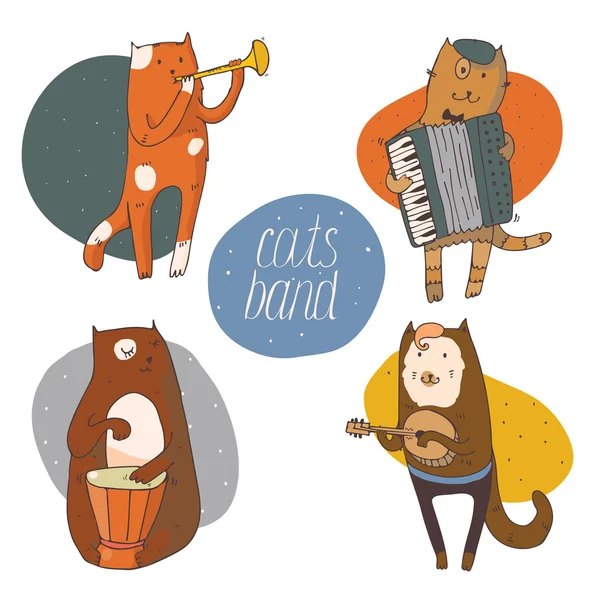 Set of fun cats playing musical instruments - drum, accordion, tube, guitar, isolated on white vector hand drawn illustration, kind, colored, with smiling cat faces and colorful circle background on b