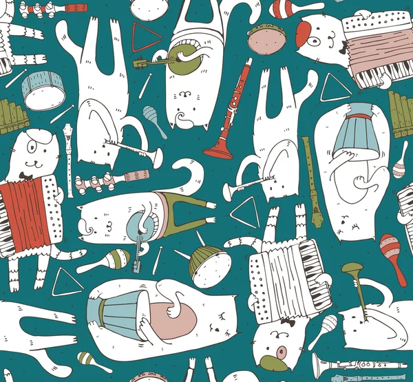 Parlak renklerde müzisyen kedi ve müzik aletleri ile dikişsiz desen. Kediler davul, akordeon, tüp, gitar çalıyorlar. Vektör el çizilmiş illüstrasyon, sevimli. Çocuk ürünleri için tür çocuk karikatür