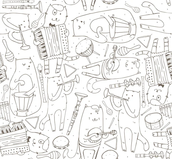 Seamless pattern with musician cats and music instruments. Cats are playing on drum, accordion, tube, guitar. Vector handdrawn illustration, cute, black and white. Kind child cartoon for kids products — Stock Vector