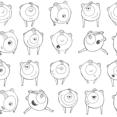 Vektör şirin illüstrasyon ile seamless modeli güzel duygusal canavarlar. Beyaz arka plan, siyah hatları, çeşitli pozlar ve duyguları üzerinde yüz. Vektör şirin illüstrasyon, şık, basit, elle çizilmiş.