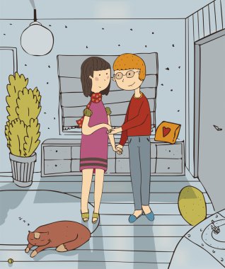 Vector illustration with couple who are staying in hallway of new house, with smile on face, sleeping cat on carpet. Colorful family hand drawn cartoon about love between wife and husband in new flat.
