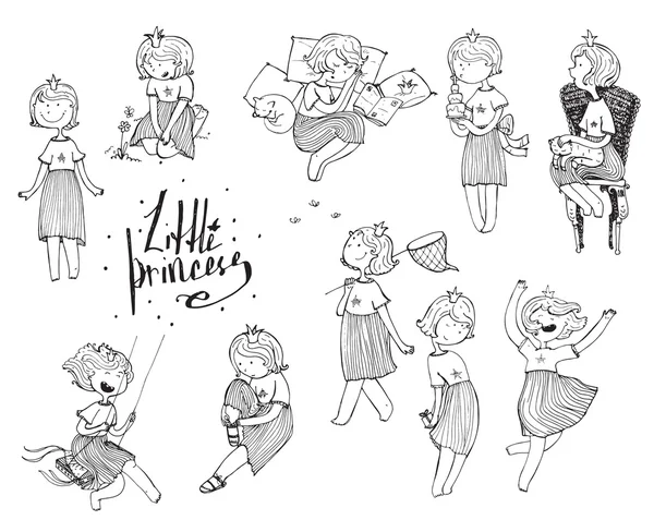 Set of black and white girls with crown on head. Playful cute princess, fun vector hand drawn illustrations. Various emotions and poses, sleeping, walking, reading, jumping, sitting. Isolated on white — ストックベクタ