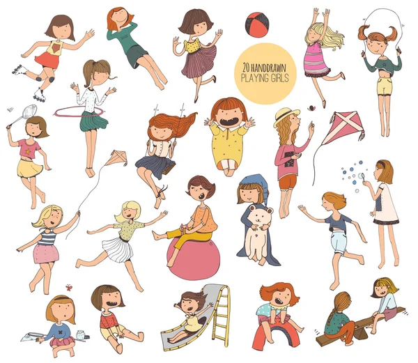 Big set of fun kids illustrations in various summer activities on playground. Girls playing outdoors, smiling, hugging, jumping. Vector isolated on white background picture, hand-drawn with liquid ink — 스톡 벡터