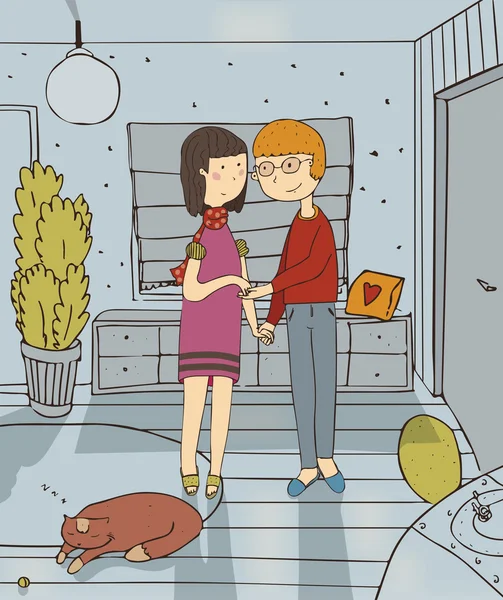 Vector illustration with couple who are staying in hallway of new house, with smile on face, sleeping cat on carpet. Colorful family hand drawn cartoon about love between wife and husband in new flat.