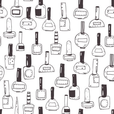Seamless vector pattern with nail polish bottles, black and white. Handdrawn cute doodles in various shapes and caps. Illustration hand drawn with ink, fun, good for beauty shops or beauty salons.