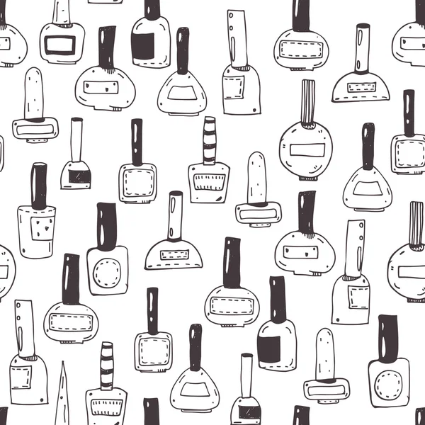 Seamless vector pattern with nail polish bottles, black and white. Handdrawn cute doodles in various shapes and caps. Illustration hand drawn with ink, fun, good for beauty shops or beauty salons. — ストックベクタ