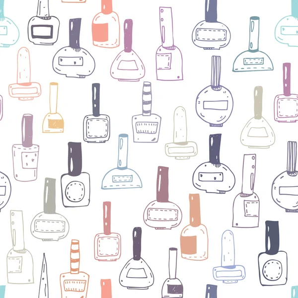 Seamless vector pattern with nail polish bottles, colorful on white. Handdrawn cute doodles in various shapes and caps. Illustration hand drawn with ink, fun, good for beauty shops or beauty salons. — Stock Vector