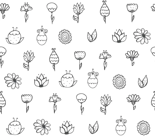 Siyah beyaz doodle çiçekler, basit, beyaz arka plan üzerinde handdrawn ile dikişsiz şık vektör doku. Elle fırça ve mürekkeple çizilmiş desen, kusurları var, baskı için kullanılabilir, tekstil — Stok Vektör