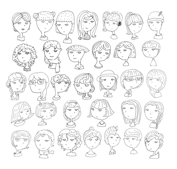 Handgezeichnete Mädchenköpfe. 33 verschiedene Frisuren, lächelnde Gesichter, mit Accessoires, Hüten, Katzenohren, Kopfhörern. Schwarz-weiße, handgezeichnete Vektordarstellung, isoliert auf weißem Hintergrund. — Stockvektor