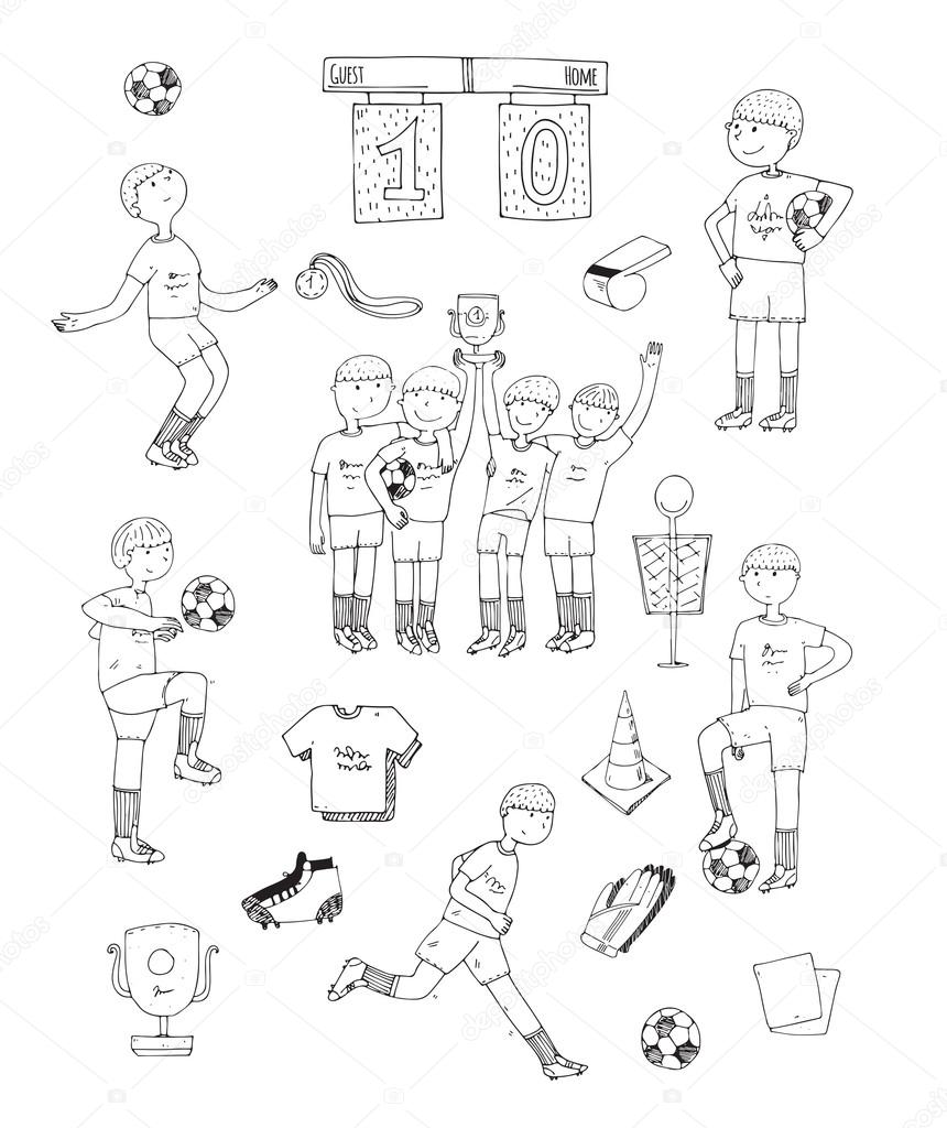 Hand drawn vector illustration with black and white soccer players