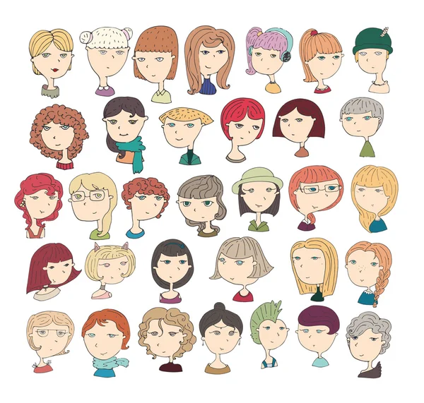 Cute vector illustration with girls heads, fun colored, with different hairstyles, eyes. Ginger, blonde, curly, Iroquois hair. Isolated on white background hand drawn characters, good for icons design Royalty Free Stock Illustrations