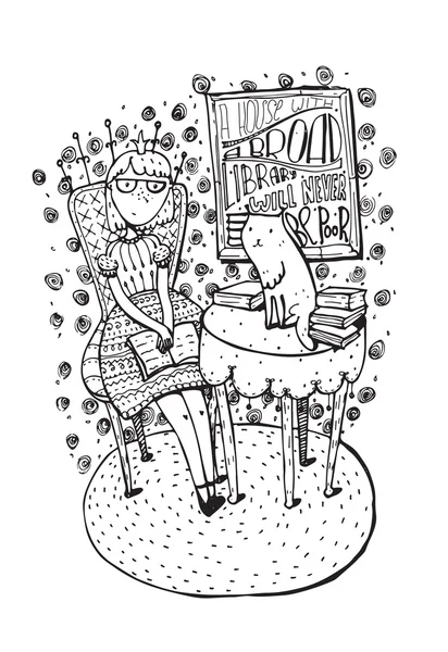 Menina desenhada à mão sentada com livro aberto e gato na mesa. Letras com citação sobre educação, livros e casa. Vetor isolado sobre ilustração branca, desenhado com pincel e tinta líquida para livraria —  Vetores de Stock