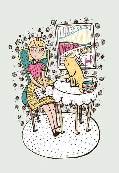 Açık kitap ve kedi masada oturan el çizilmiş kız. Eğitim, kitaplar hakkında alıntı larla yazı. Renkli vektör illüstrasyon, kitapçı için fırça ve sıvı mürekkep ile çizilmiş, kitapçı kütüphane — Stok Vektör