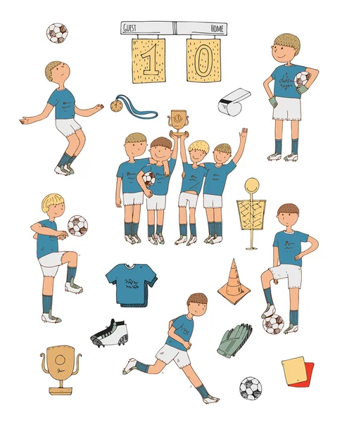 Ilustración vectorial dibujada a mano con jugadores de fútbol coloridos, aislados sobre fondo blanco. Cosas de fútbol, equipo ganador feliz, chicos de entrenamiento, accesorios deportivos, uniforme de fútbol, botas de fútbol, pelota — Archivo Imágenes Vectoriales