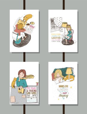 Okuma ve kitap, güzel kız ve sevimli kedi hakkında tırnak ile el çizilmiş eğitim harfleri çizimler, renkli bir dizi. Dikey beyaz vektör posterler, kütüphane ve kitapçı için iyi izole