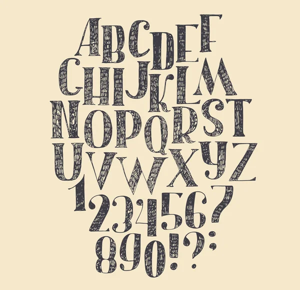 Vector hand getekende lettertype, op basis van de Engelse hand getrokken ABC van a tot z en getallen van 0 tot en met 9. Hoofdletter type gemaakt met NIB en Serif, versierd Hatch FreeHand alfabet. Geïsoleerde vector illustratie. — Stockvector