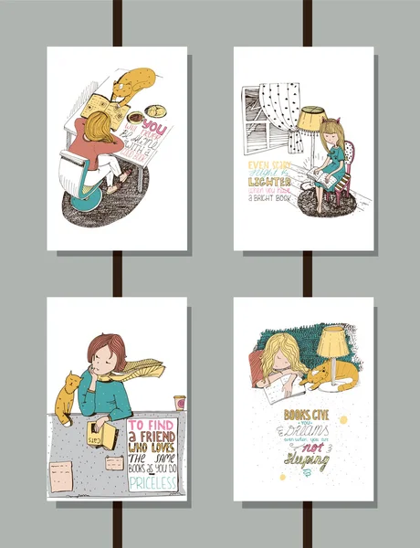 Okuma ve kitap, güzel kız ve sevimli kedi hakkında tırnak ile el çizilmiş eğitim harfleri çizimler, renkli bir dizi. Dikey beyaz vektör posterler, kütüphane ve kitapçı için iyi izole
