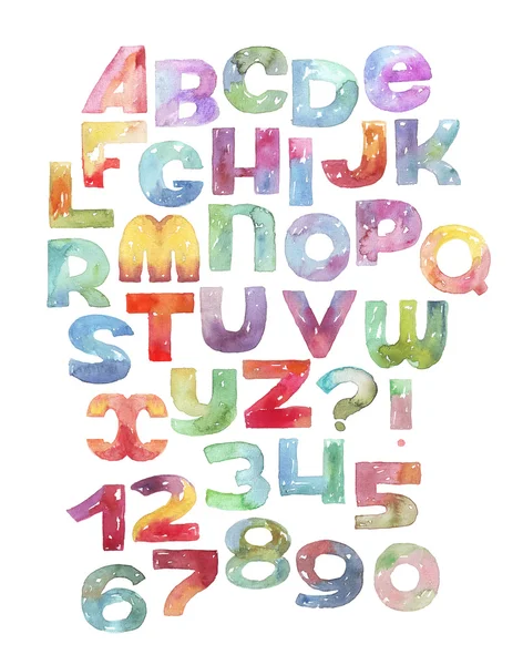 Grande illustration matricielle avec lettres aquarelles et séquence de chiffres. Alphabet dégradé, coloré vif, granuleux, avec éclaboussures et imperfections, isolé sur fond blanc. Lettres abc tirées à la main . — Photo