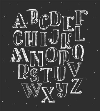 Tahta üzerinde beyaz 3d alfabe seti. Kapak ve fırça ile el çizilmiş vektör illüstrasyon. A'dan Z'ye harf sırası, yazı veya süsleme için iyidir. Siyah kaba, kirli yazı tipi üzerinde izole.