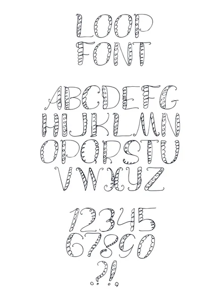 Alphabet de boucle dessinée à la main libre, isolé sur fond blanc. Lettres de police dessinées avec pinceau et imperfections, chaque lettre et chiffre a son propre style. Séquence funky de A à Z et chiffre 0 à 9 — Image vectorielle