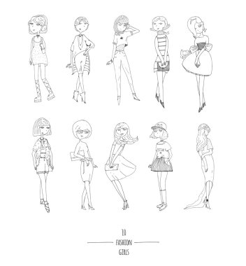 Gece ve gündüz giyim, farklı saç modeli ile, elbiseler sevimli moda kız ile el çizilmiş vektör seti. Beyaz eğlenceli doodle çizgi film izole, her sevimli kız çeşitli şekillerde poz, gülümseyerek
